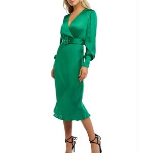 Bardot Emerald Green Satin Wrap Belted Midi Glam Party Holiday Dress XS